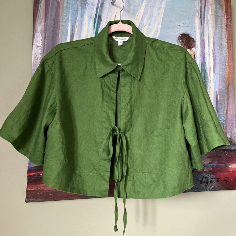 Banana Republic Tie Front Cropped Shirt Top 100% Linen Green Sz S EUC